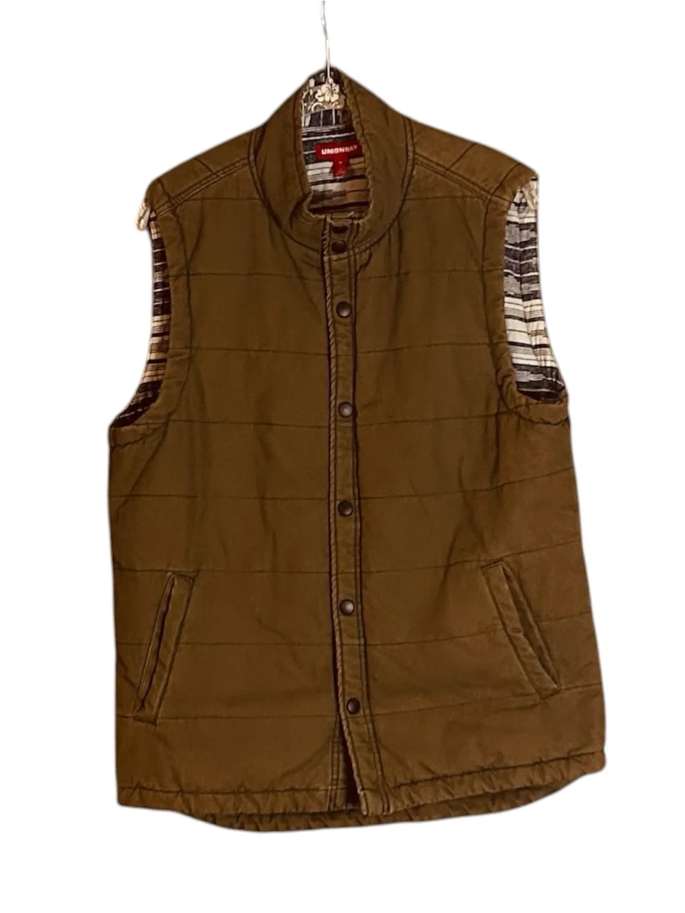 Unionbay M Quilted Vest Olive Brown Cotton Southwest Lining Utility Barn Fall